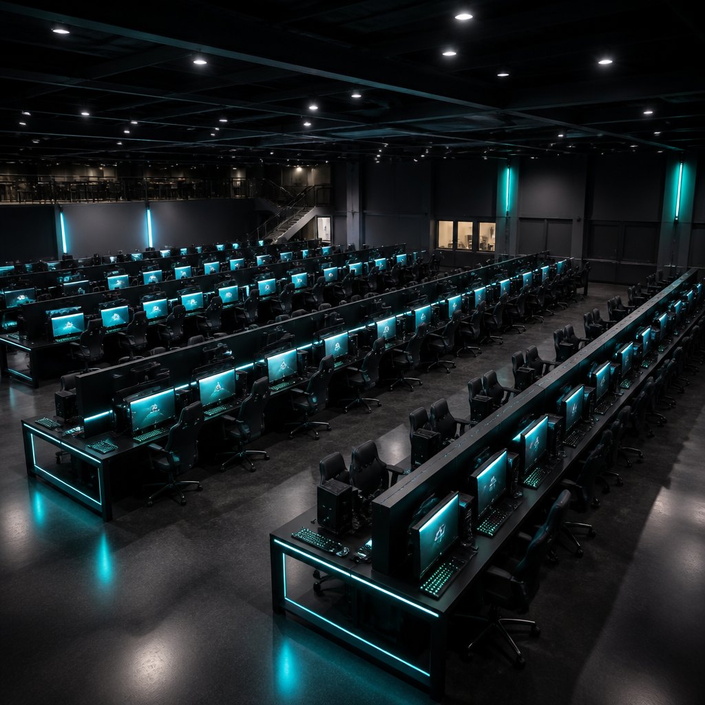 The main floor of the club with long rows of gaming stations under cool overhead light
