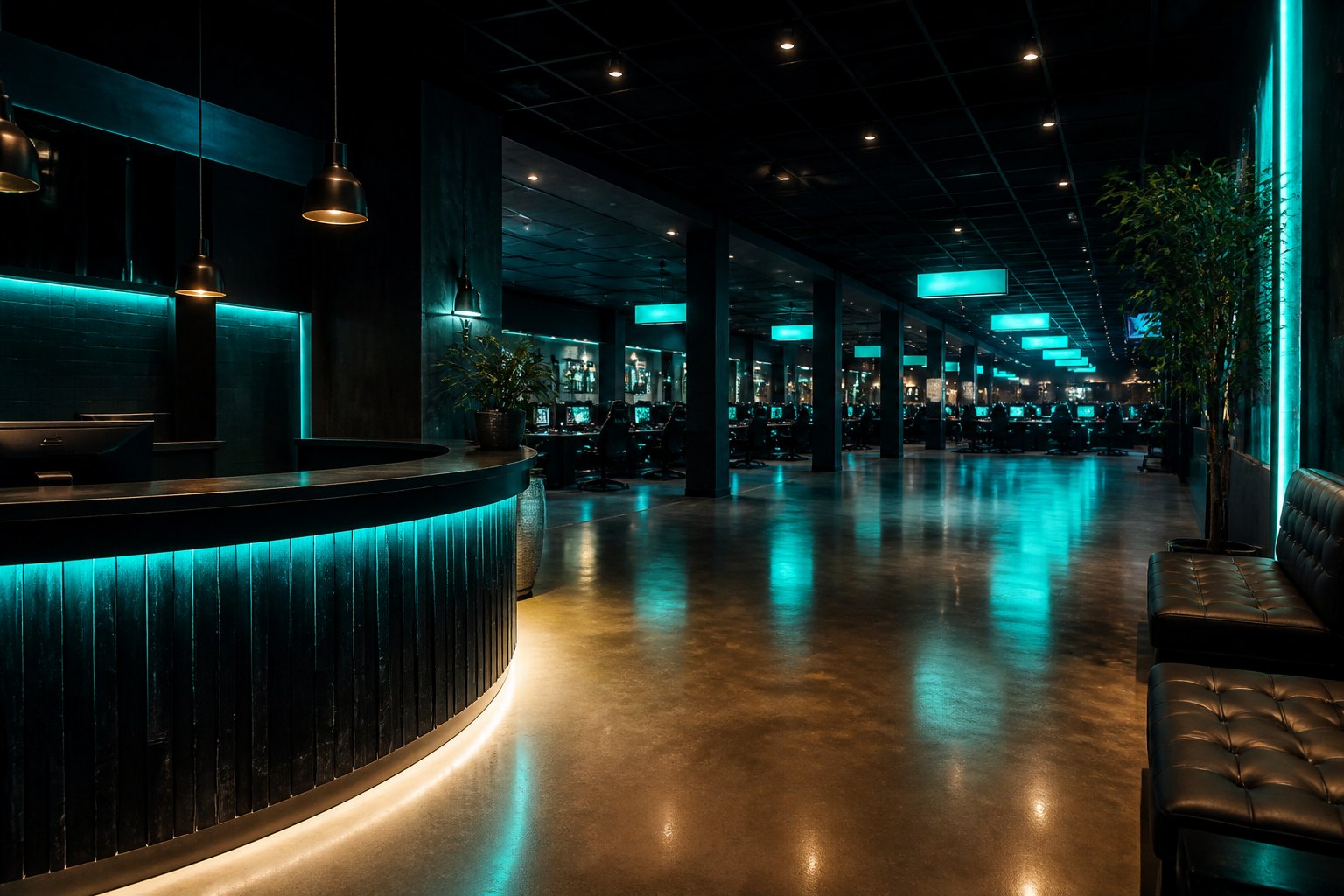 The front desk and lit entrance area of the RESPAWN BASE gaming hall